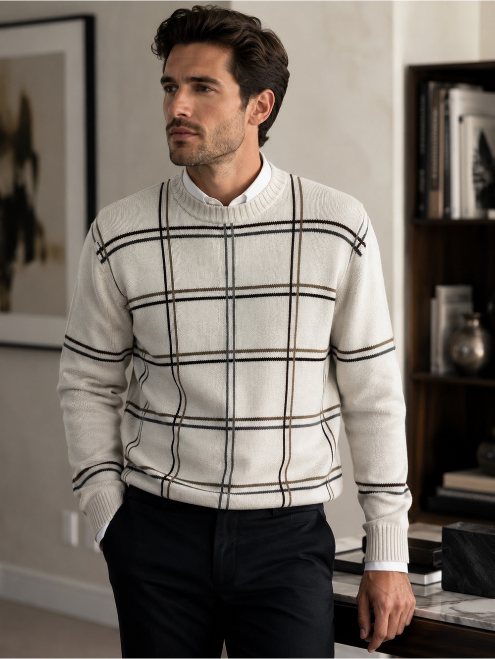 Oscar de la Renta Men’s Plaid Knit Sweater Ivory Brown Gray Size M